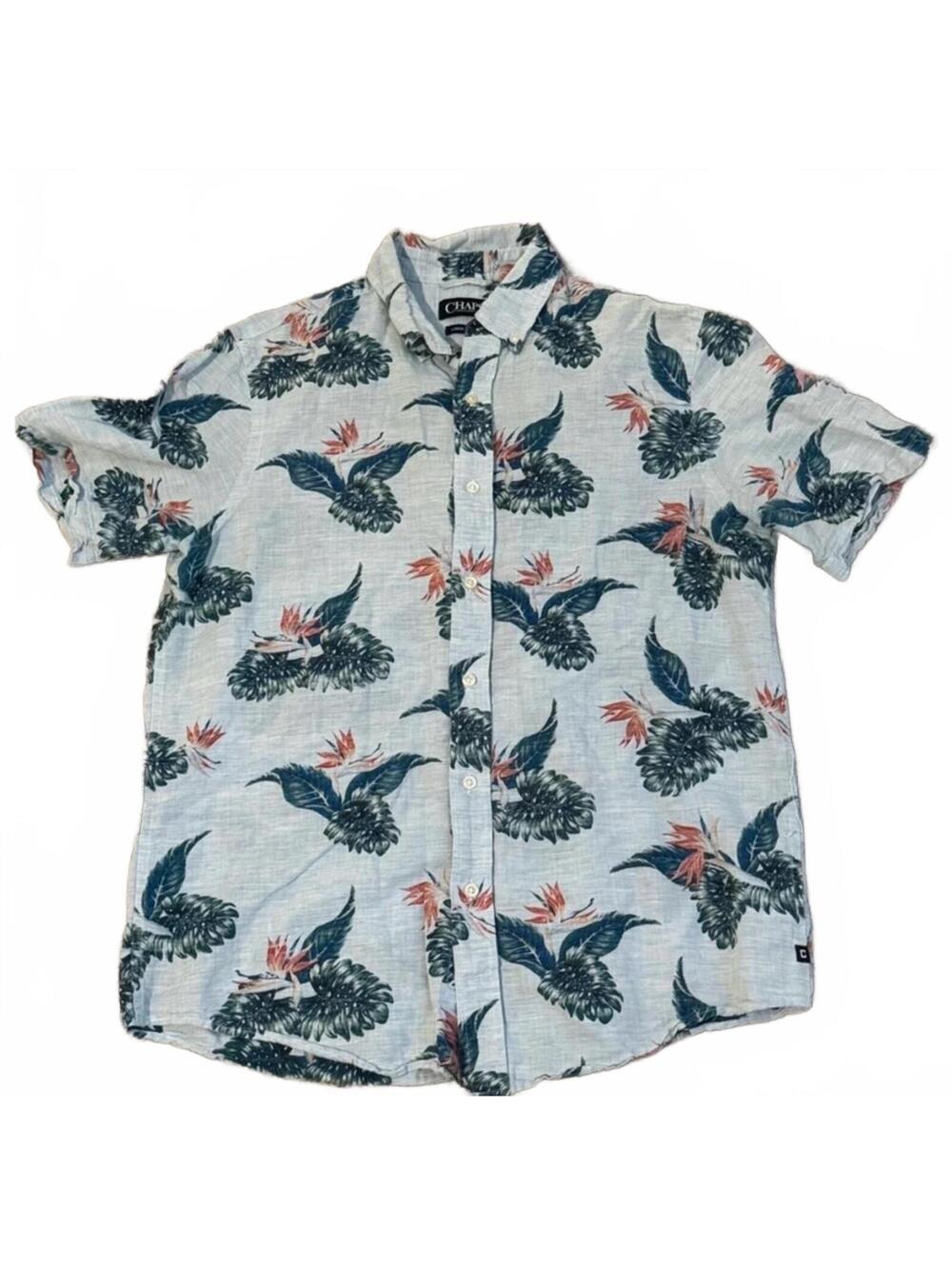 Chaps Linen Cotton Short Sleeve Button-Up Shirt Floral Bird Print Size M
